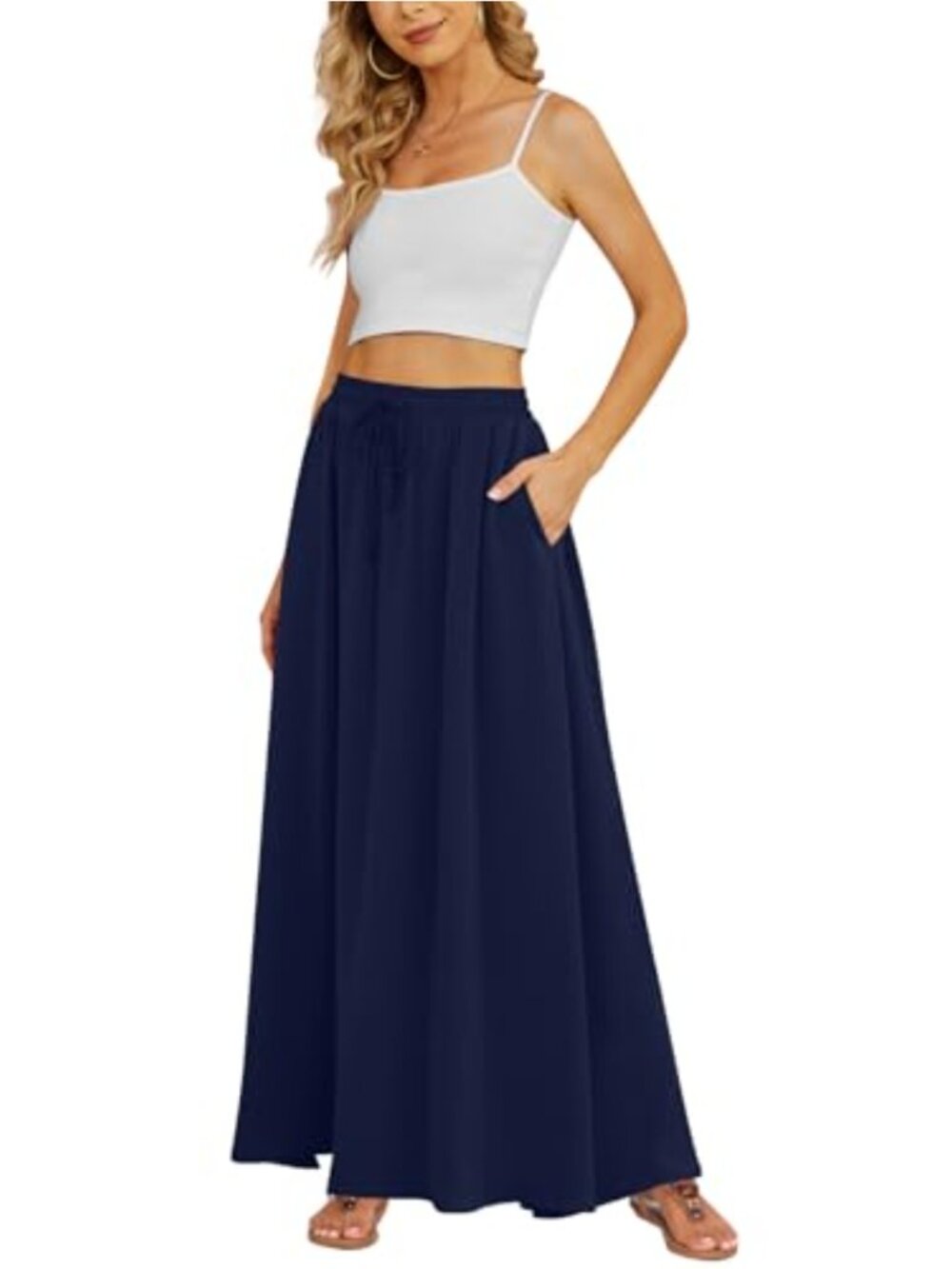 Women's Flowy Maxi Skirt High Waisted Chiffon Casual Long Skirt with Pockets